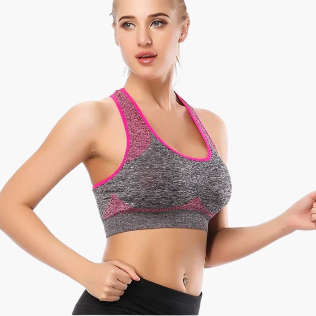 Women's sports bra with adjustable straps, elastic underband, rounded neckline, supportive active fit
