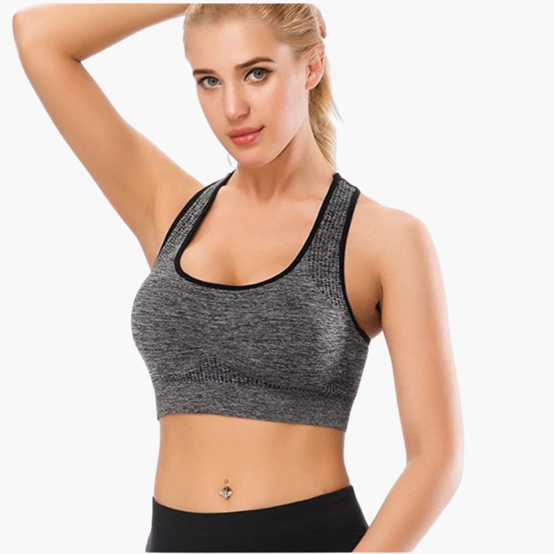 Women's sports bra with adjustable straps, elastic underband, rounded neckline, supportive active fit