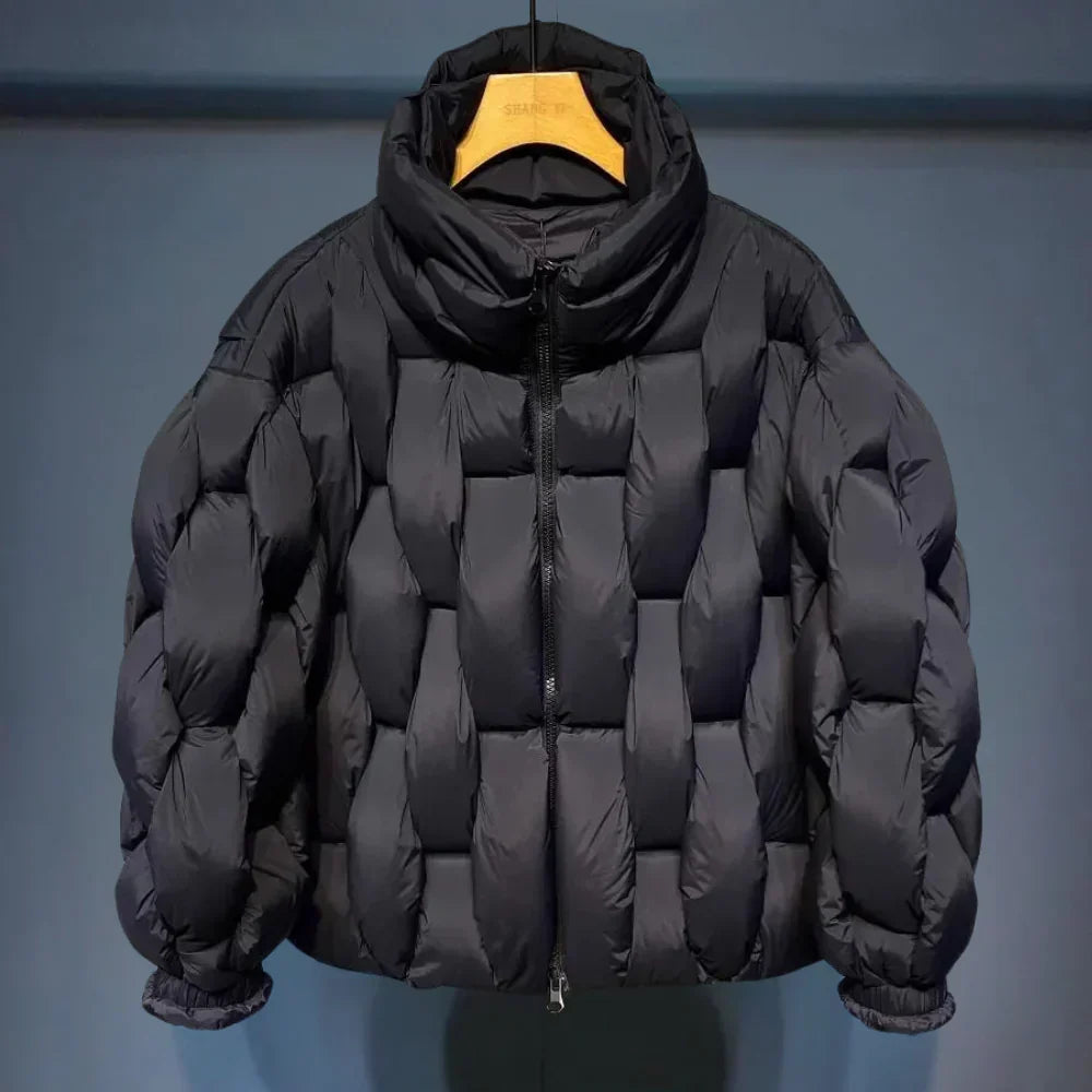 Men's lightweight down jacket neutral tone slim fit with insulating fill for cold weather layering
