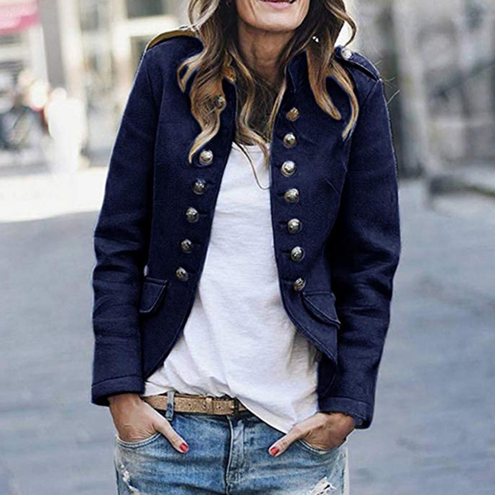 Women's military-style blazer structured fit stand collar double-breasted decorative buttons confident layering