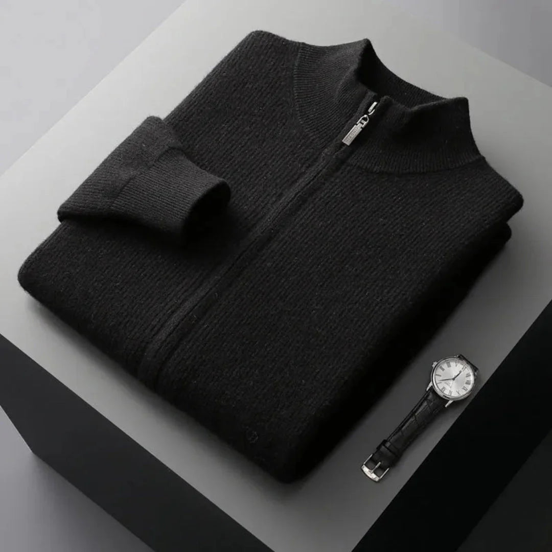Lightweight merino wool full-zip ribbed knit sweater unisex versatile layering piece