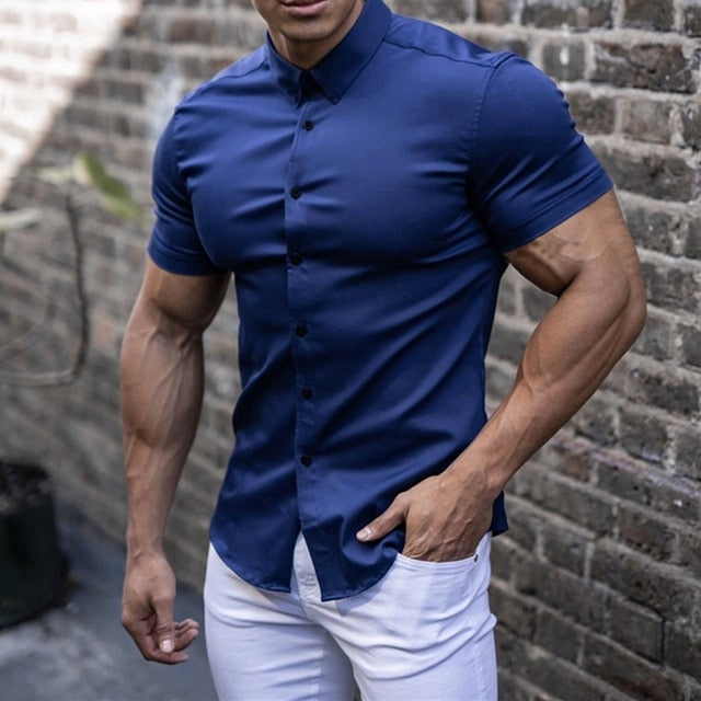 FIGO men's white muscle tee stretch fabric fitted short sleeve gym athletic cut