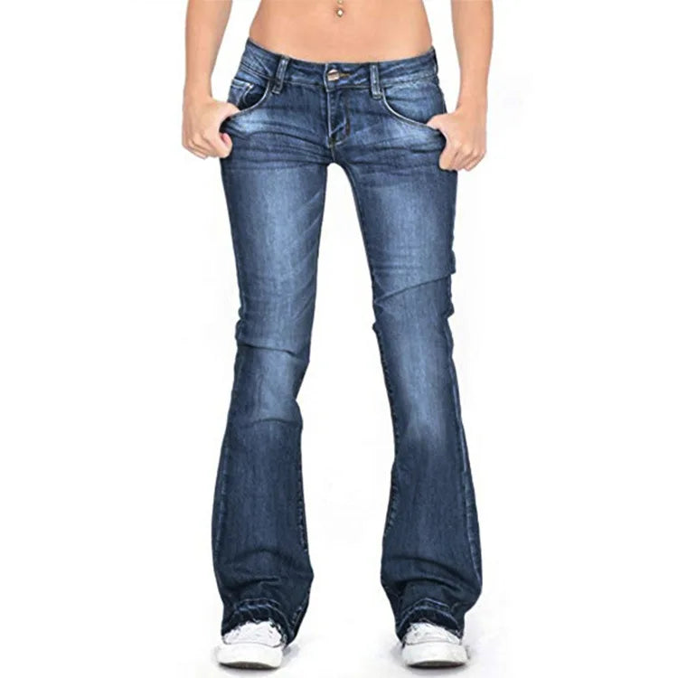 Women low-rise bell bottom jeans vintage flare retro denim cotton blend comfortable fit