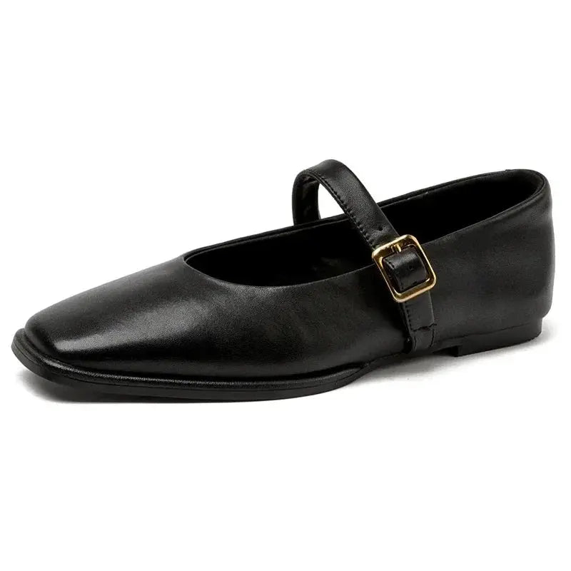 Women's black square toe ballet flats with soft upper, chic modern silhouette for all-day comfort