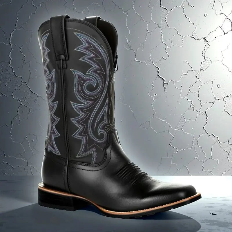 Women's square toe cowboy boots brown Western-style PU leather mid-calf pull-on fashion boots
