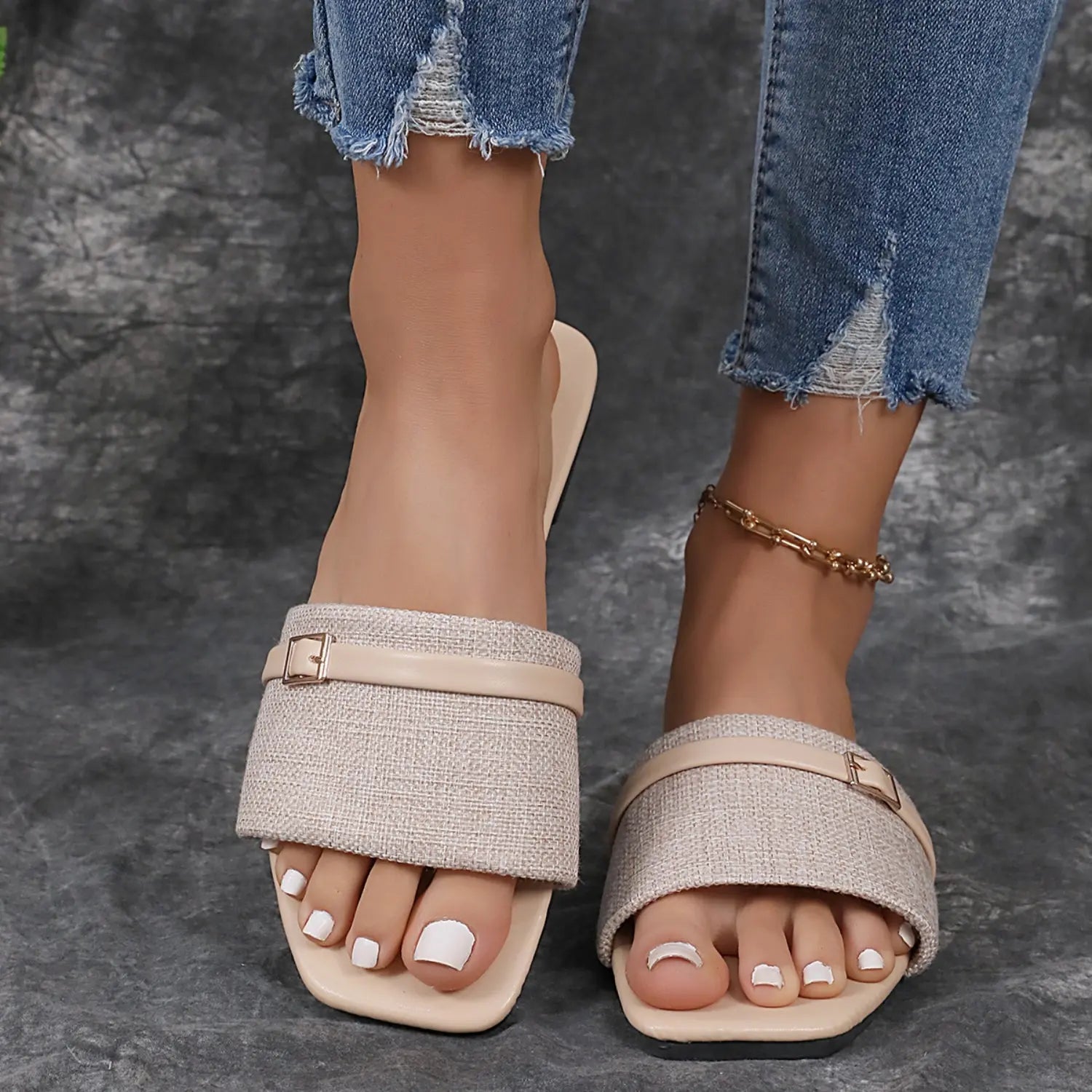 Women's square toe flat slippers cushioned sole slip-on everyday comfort stylish PU fashion footwear