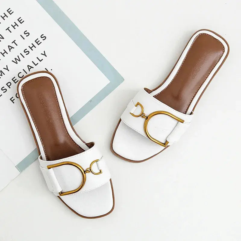 Women's square toe slip-on flat sandals in metallic accent synthetic leather for all-day comfort