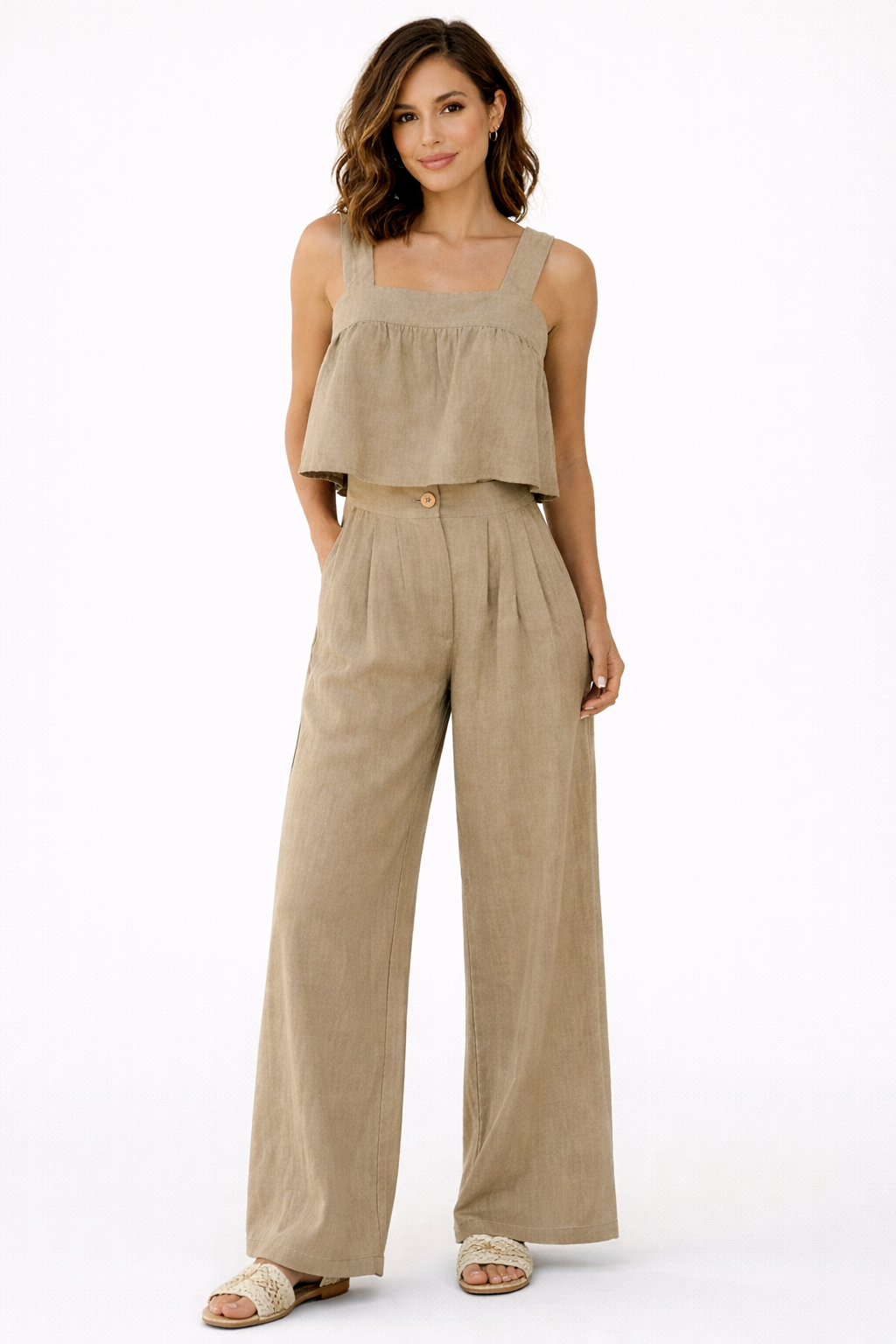 Women's cotton two-piece set square neck wide strap top matching pants casual chic modern comfort