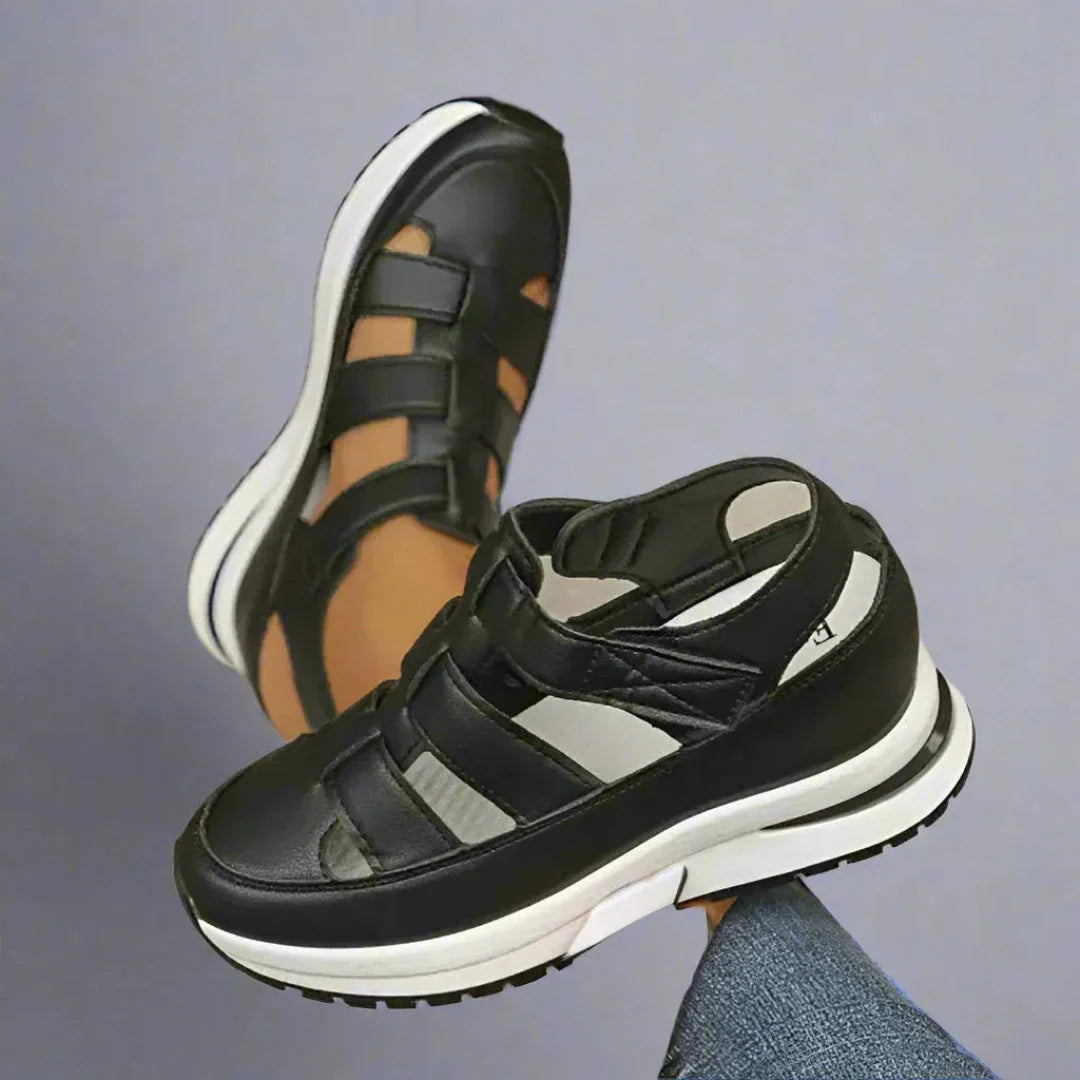 Women's beige orthopedic platform sandals with cushioned sole, breathable cut-outs, adjustable straps