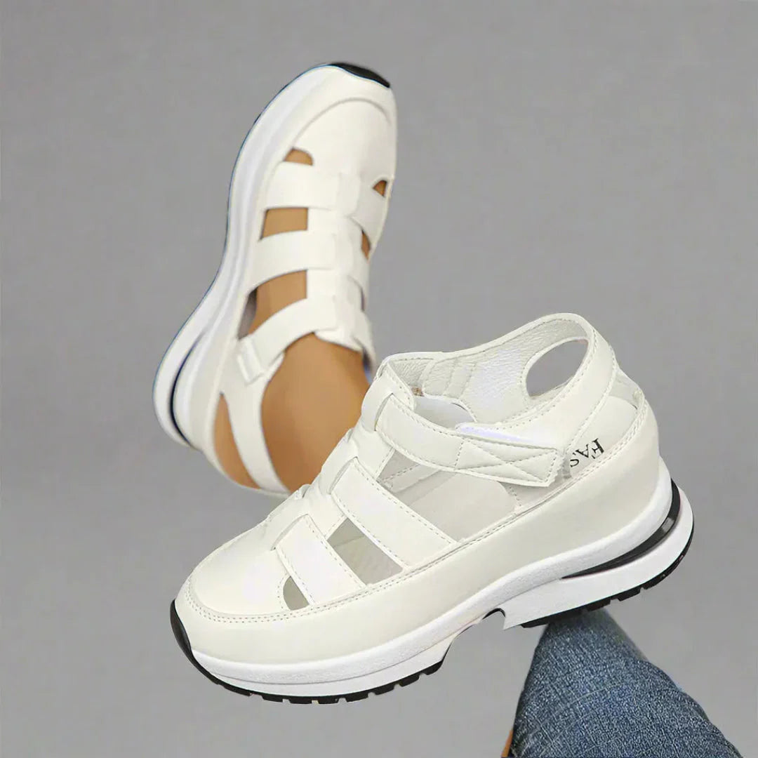 Women's beige orthopedic platform sandals with cushioned sole, breathable cut-outs, adjustable straps
