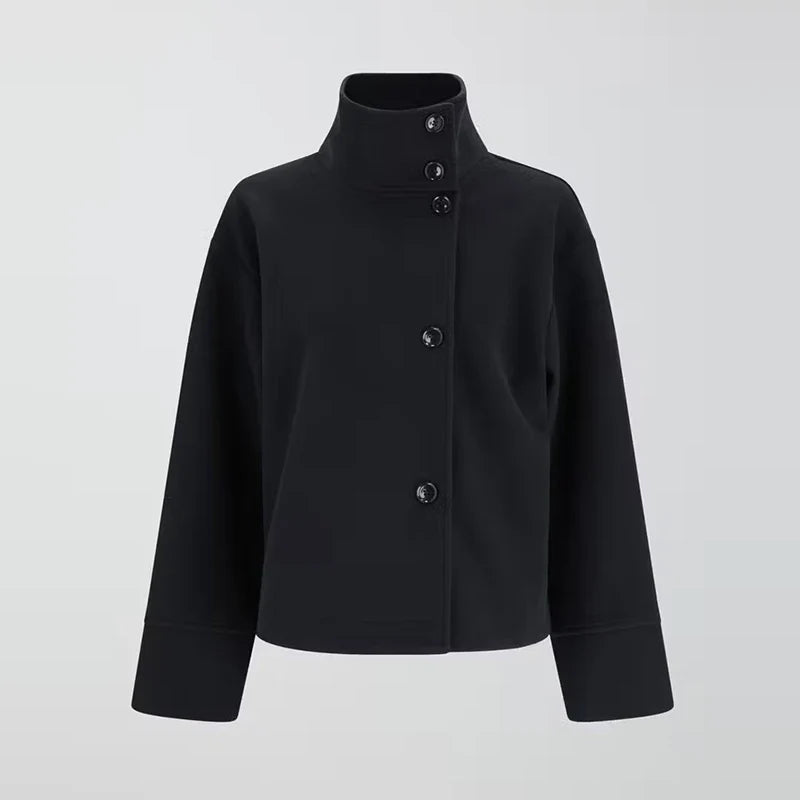 Women's wool-blend cropped pea coat with stand collar, structured silhouette in neutral tone