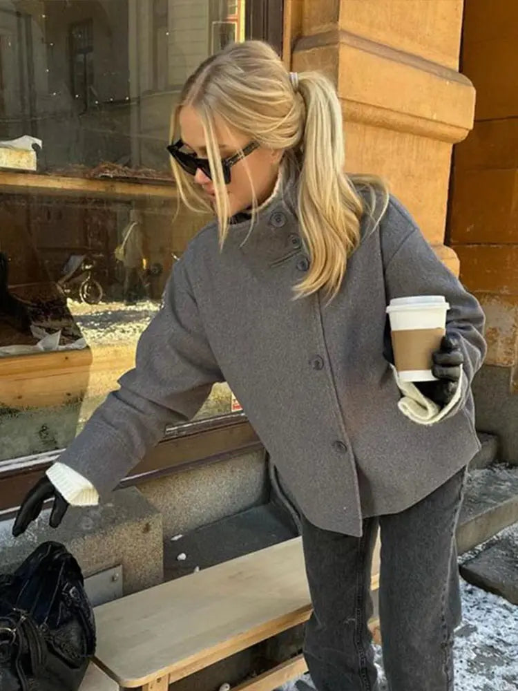 Women's wool-blend cropped pea coat stand collar structured silhouette workwear evening style