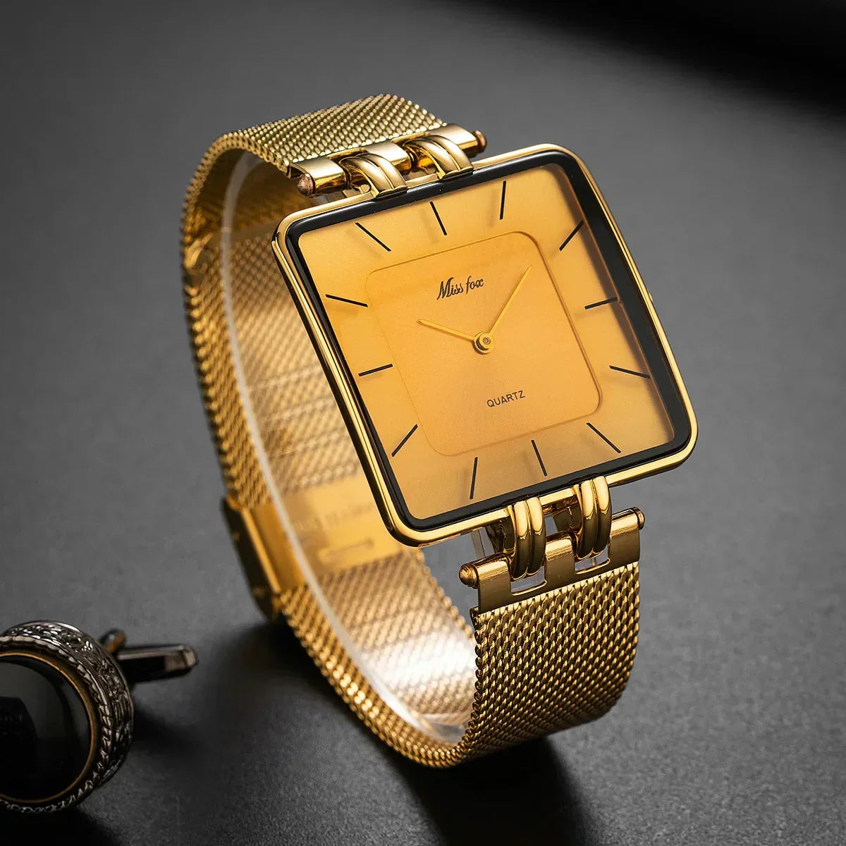 Women's square face wristwatch with silver mesh strap, minimalist easy-read markers, everyday wear