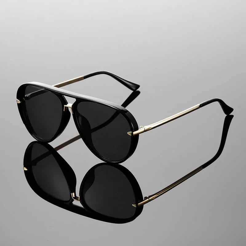 Stella Luxe aviator sunglasses glossy black acetate gold temples UV400 everyday style