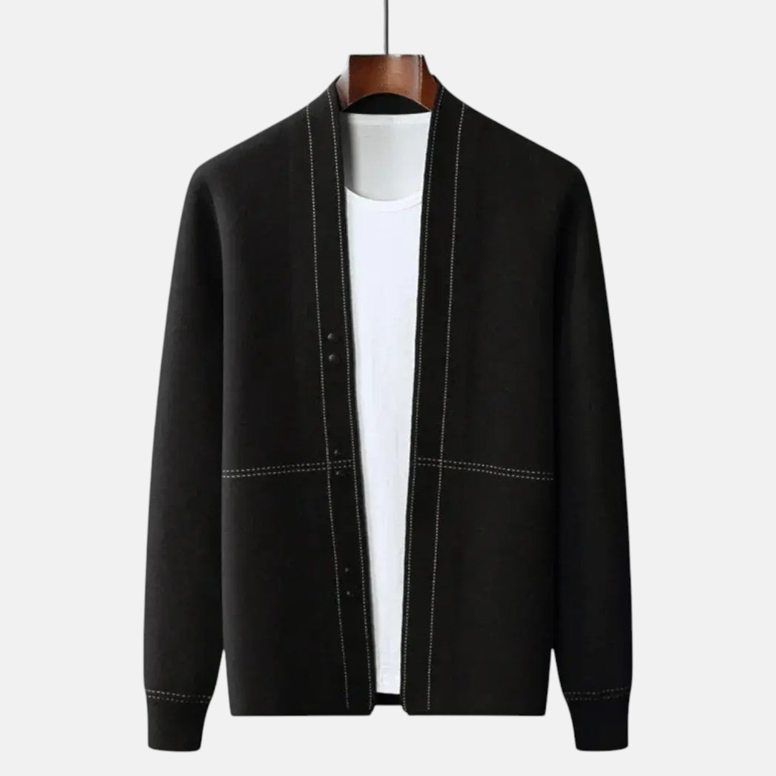 Men's wool cardigan open knit structured silhouette, warm winter layering in neutral tones