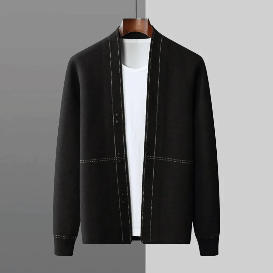 Men's minimalist open-front knit cardigan loose fit relaxed silhouette buttonless everyday layering