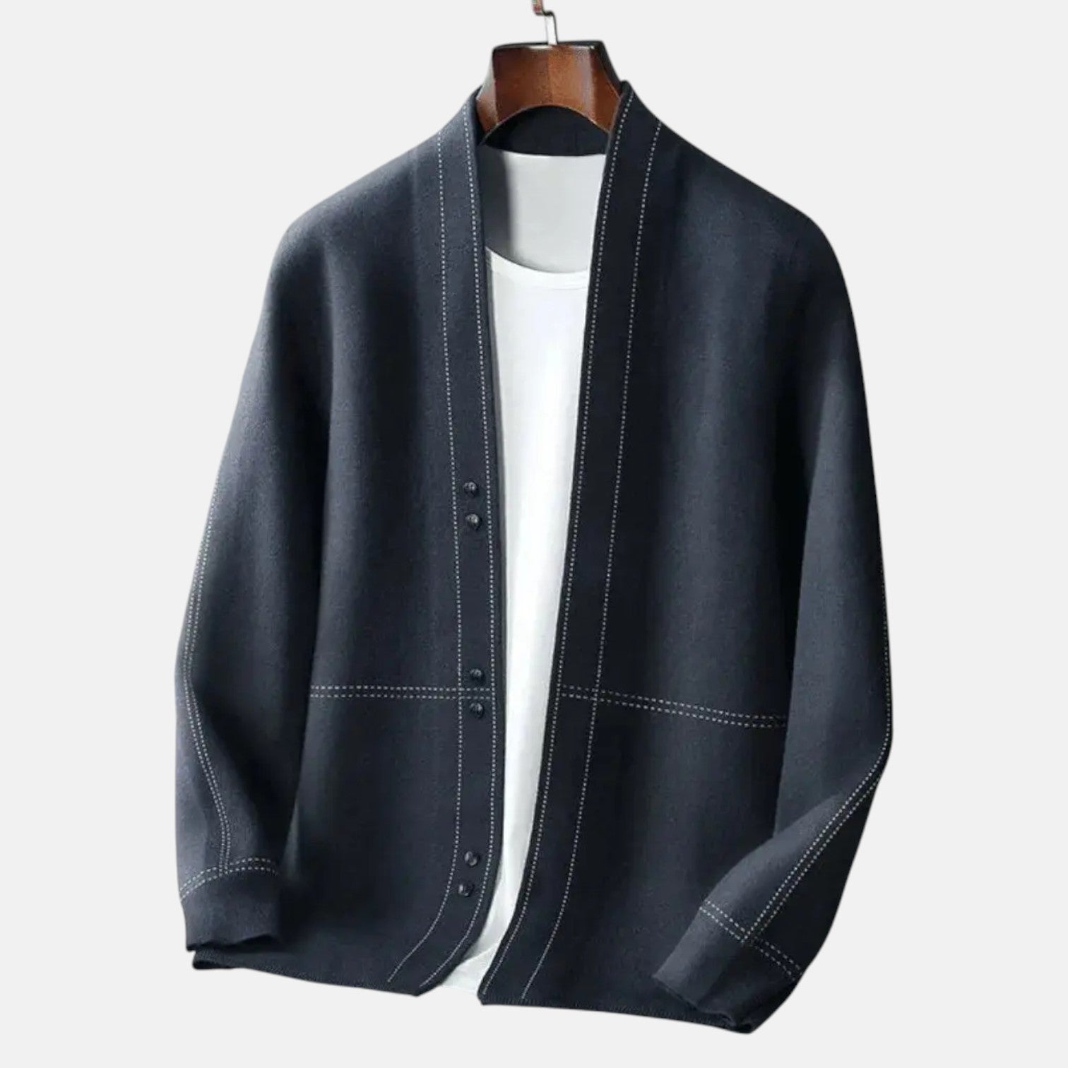 Men's wool open-knit cardigan in neutral tones, structured silhouette with fine knit texture for winter