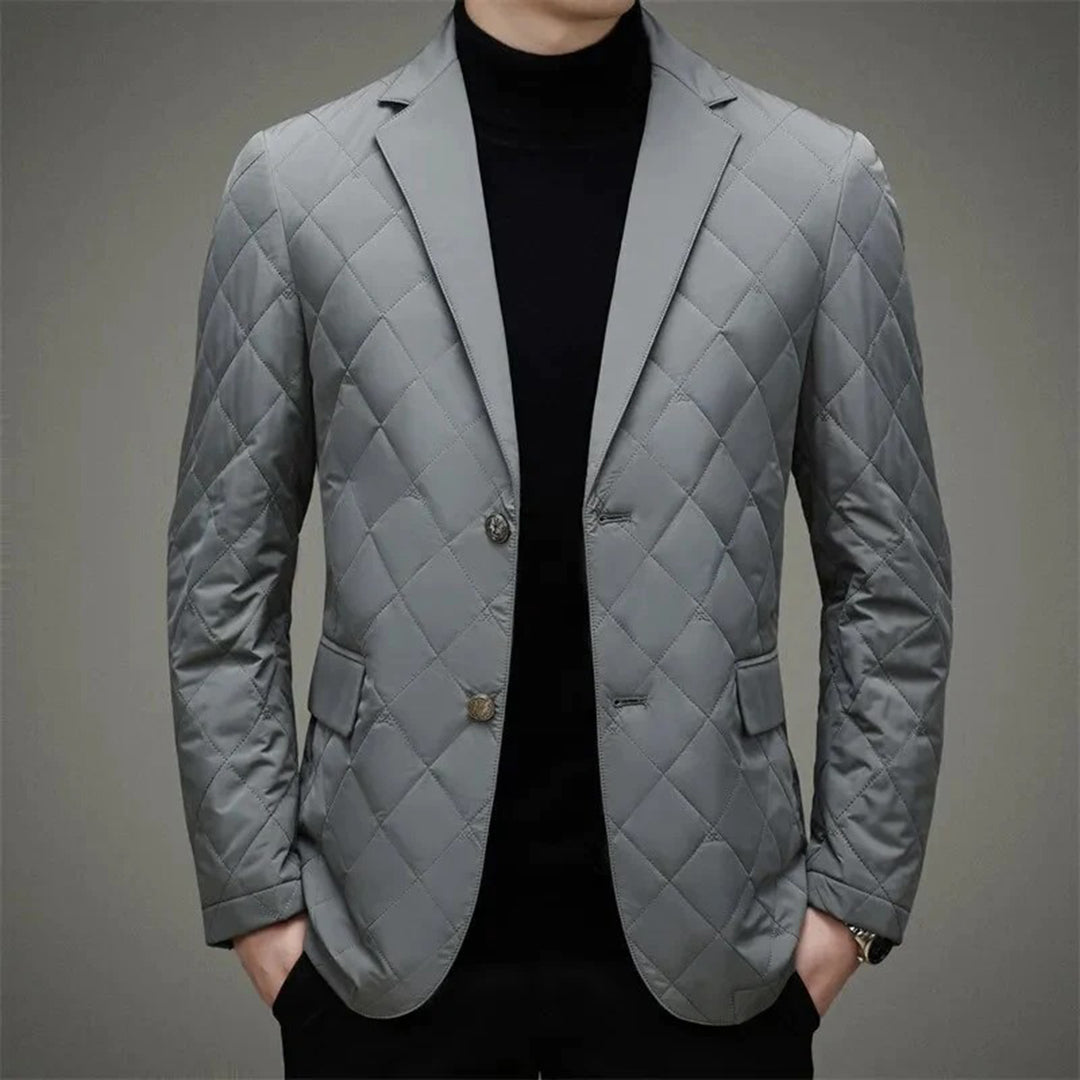 Men's slim fit padded quilted jacket with notch lapel and button closure in modern urban style
