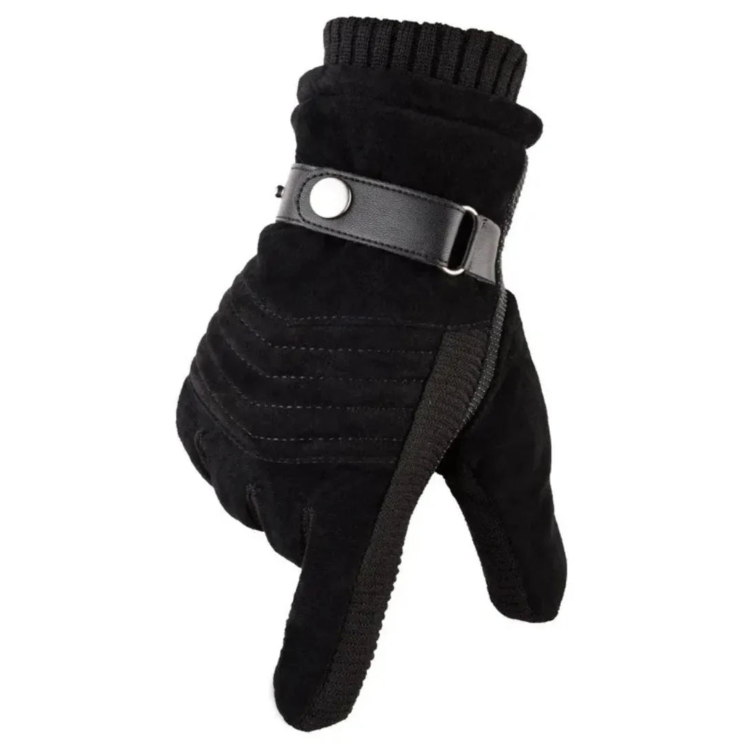 Unisex insulated suede winter gloves brown faux fur lining touchscreen compatible leather strap