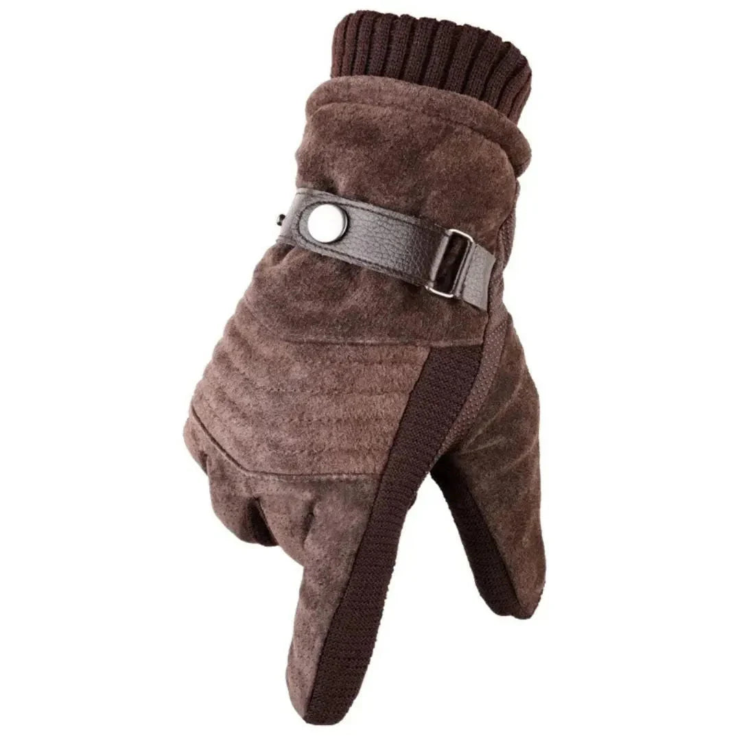 Unisex insulated suede winter gloves brown faux fur lining leather strap touchscreen compatible