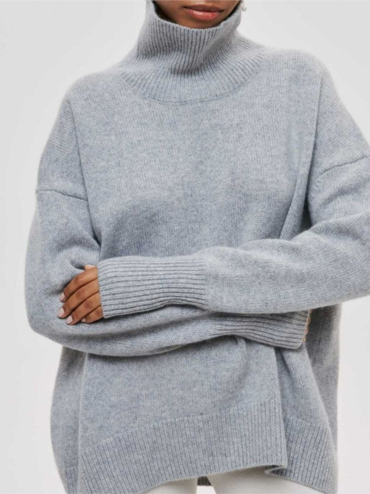 Women's turtleneck sweater split hem everyday chic durable comfort fit versatile cotton-polyester blend