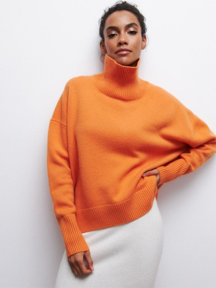 Women's turtleneck sweater with split hem, cotton-poly blend, slim comfort fit for everyday chic