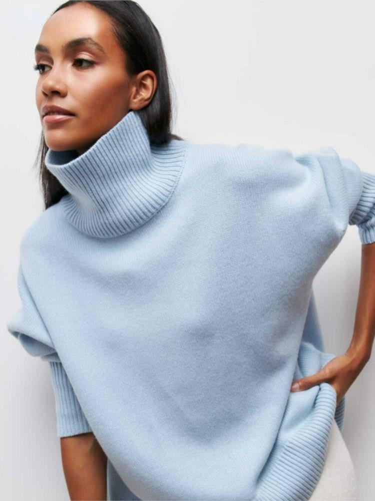 Women's turtleneck sweater split hem everyday chic comfort fit cotton-polyester blend versatile style