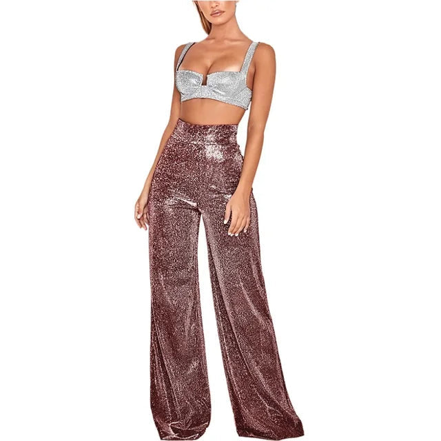 Women's silver sequin high-waist flowy pants with sparkling glamour accent for elegant occasions