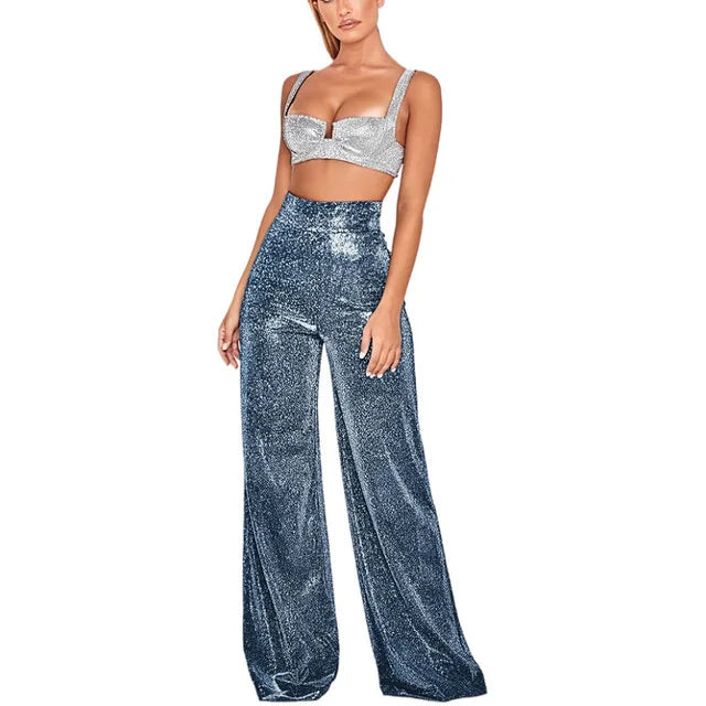 Women's silver sequin high-waist flowy pants with glamorous sparkling accents for elegant occasions