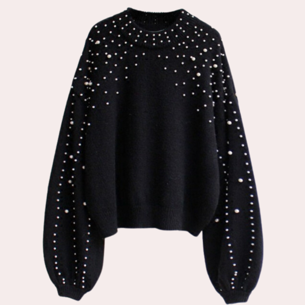 Women's cream crew neck sweater with delicate pearl embellishment for elegant everyday style