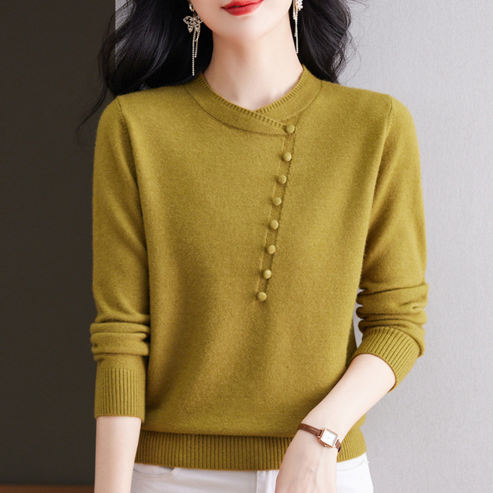 Women's beige buttoned sweater relaxed fit soft fabric versatile everyday layering piece