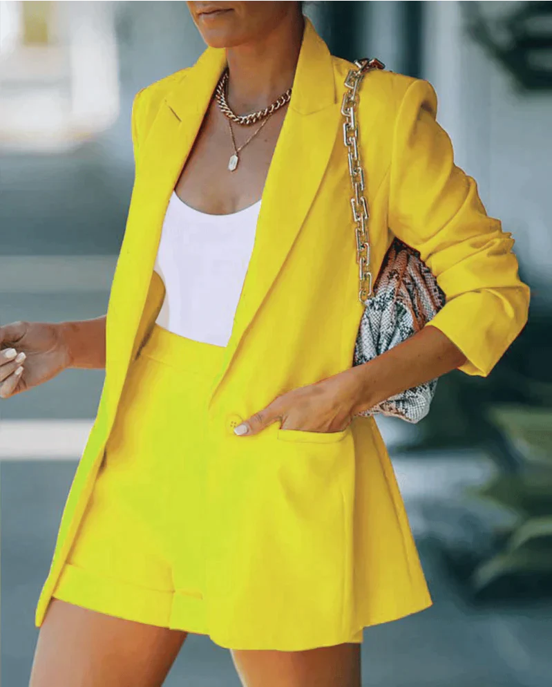 Women's linen blazer and shorts set, tailored two-piece coordinated ensemble in neutral chic style