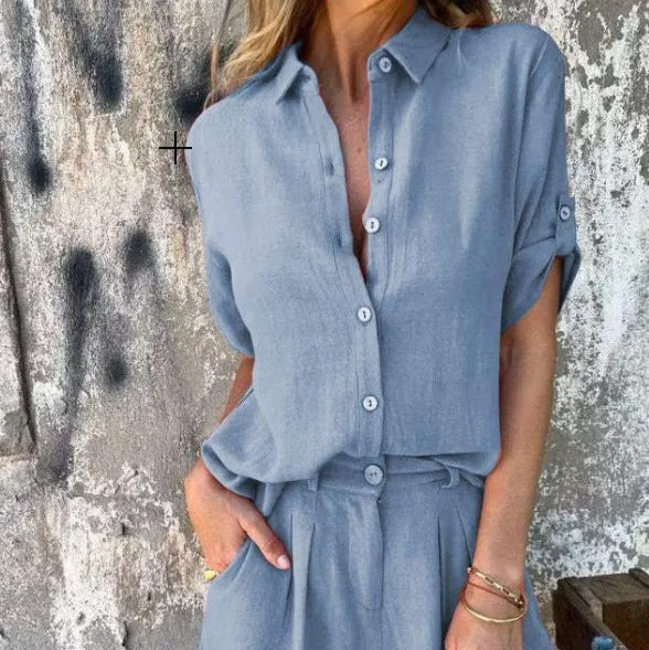 Women's linen two-piece set in neutral tones, relaxed wide-leg fit with breathable lightweight fabric