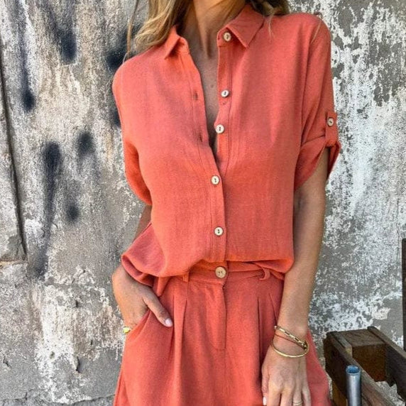 Women's linen two-piece set in neutral tones, relaxed fit with coordinated top and bottom for effortless chic