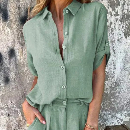 Women's linen two-piece set in neutral tones, relaxed wide-leg silhouette with coordinated breathable top