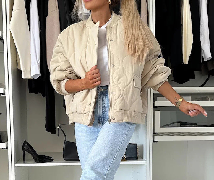 Women's relaxed quilted bomber jacket with all-over padded quilting lightweight oversized warm casual fit