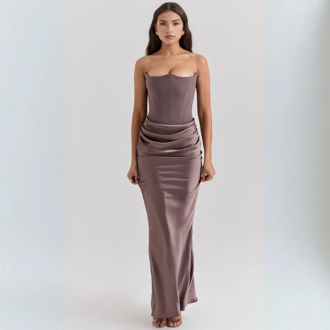 Strapless satin corset maxi dress with cinched waist and elegant draped hip detail for women