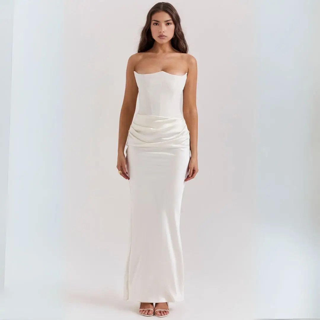 Strapless satin corset maxi dress with cinched waist and elegant draped hip detail for women