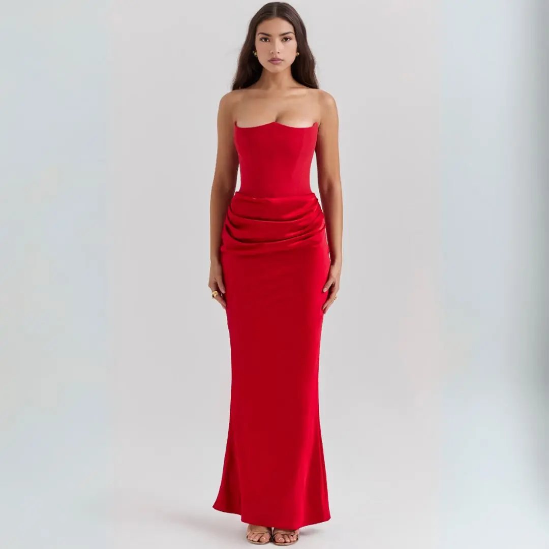 Strapless satin corset maxi dress with cinched waist and elegant draped hip detail for women