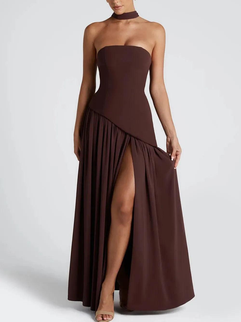 Cherry lacquer maxi dress with lace-up back, thigh-high split, fitted crepe bodice and flowing chiffon skirt