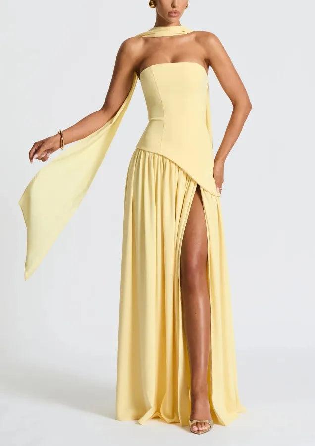 Cherry Lacquer maxi dress lace-up back thigh-high split crepe bodice chiffon skirt evening gown