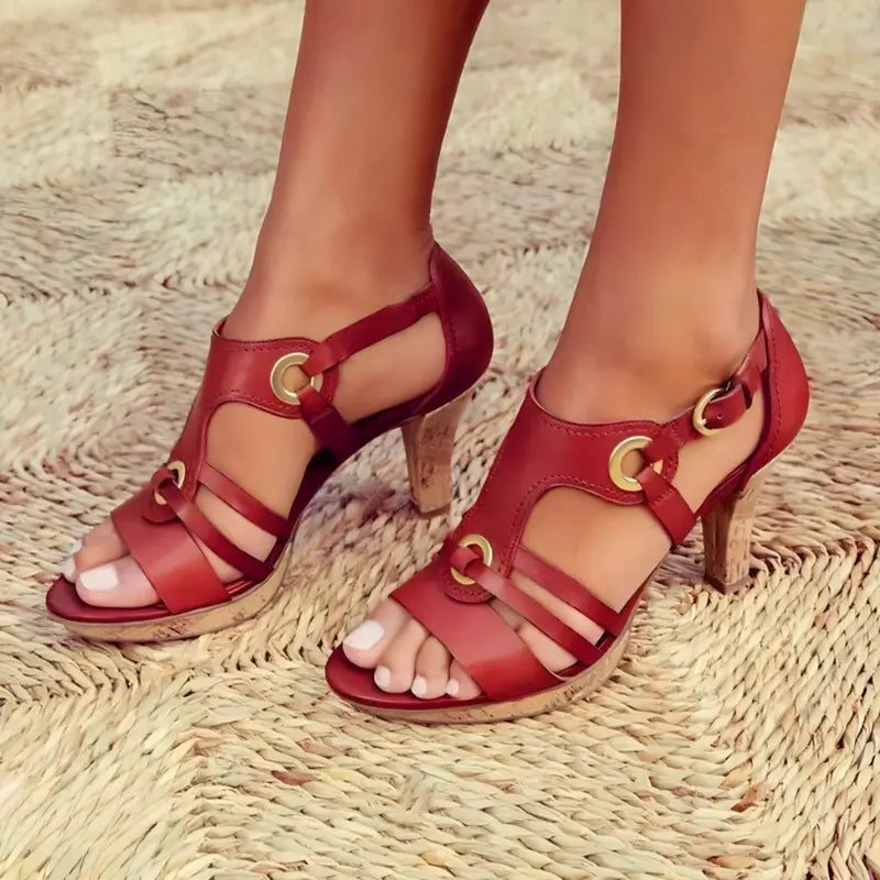Women's strappy high heel sandals metallic accents slingback cone heel elegant evening style