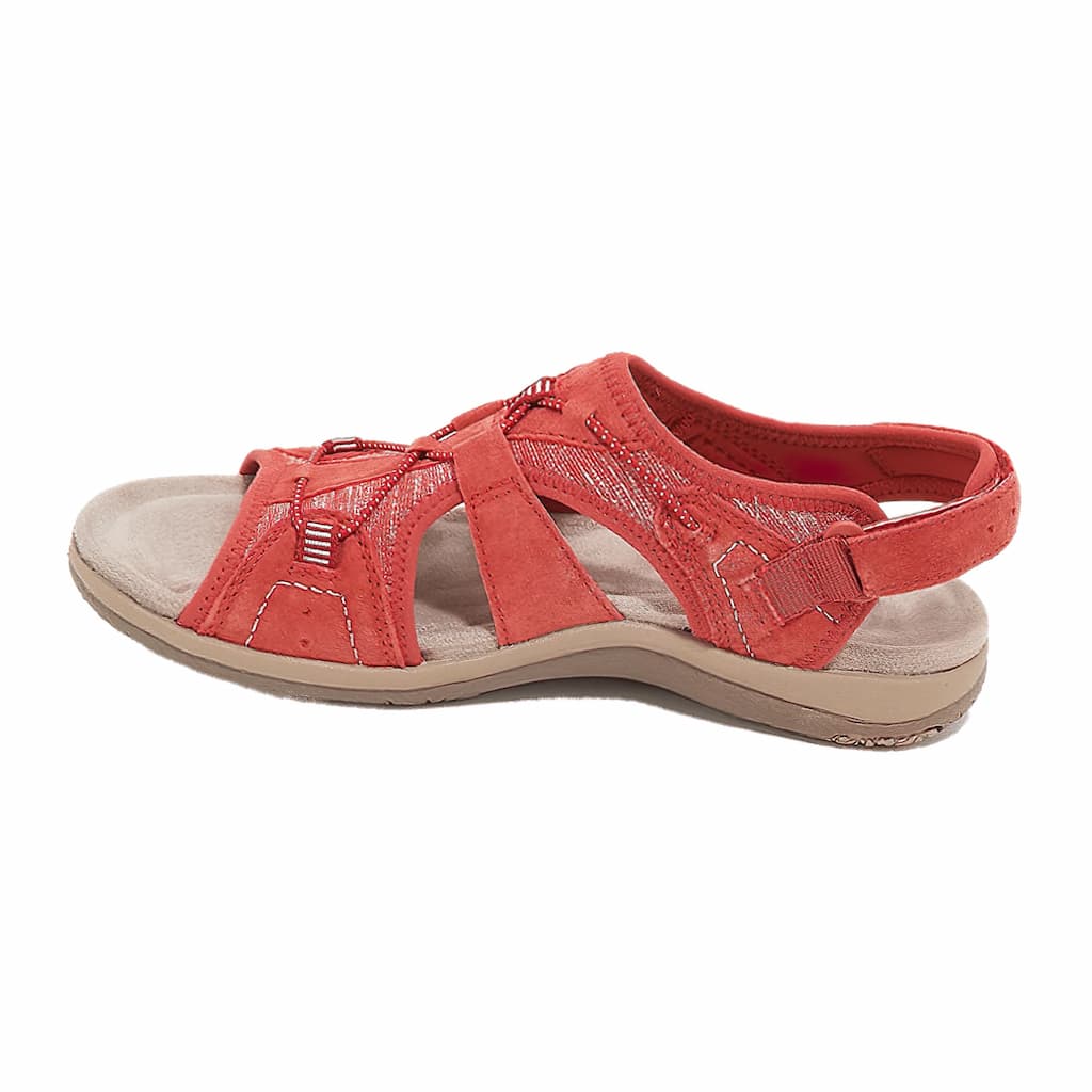 Women's strappy wedge sandals in neutral tone with contoured footbed for all-day summer comfort