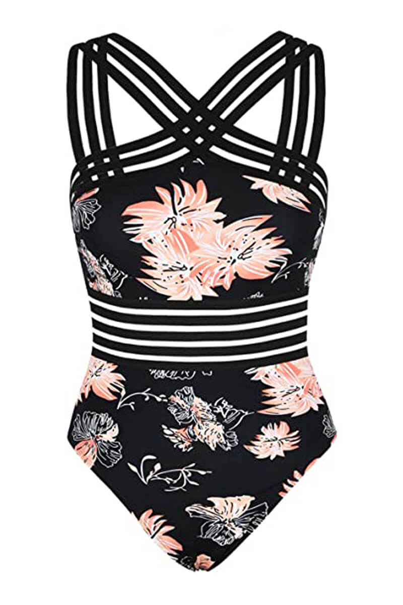 Black monokini swimsuit with criss-cross halter straps, sheer striped waist bands, and sculpting fit