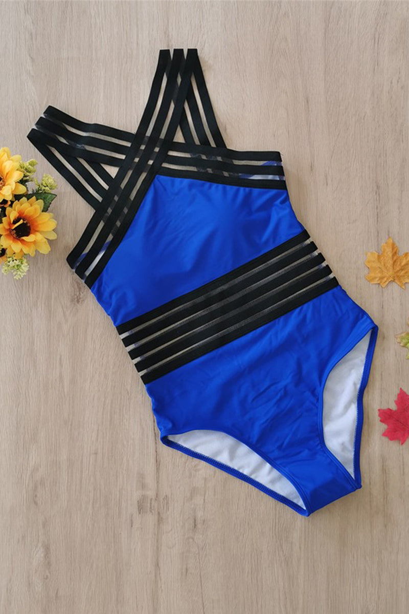 Black monokini swimsuit with criss-cross halter straps, sheer striped waist bands, and sculpting fit