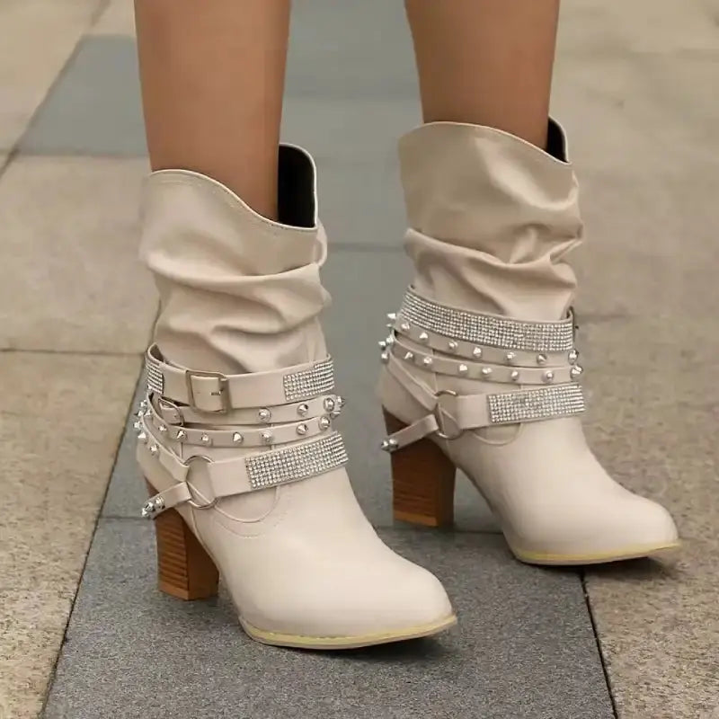 Women's black ankle boots with sparkling strass belt detail, elegant buckle, and stable block heel