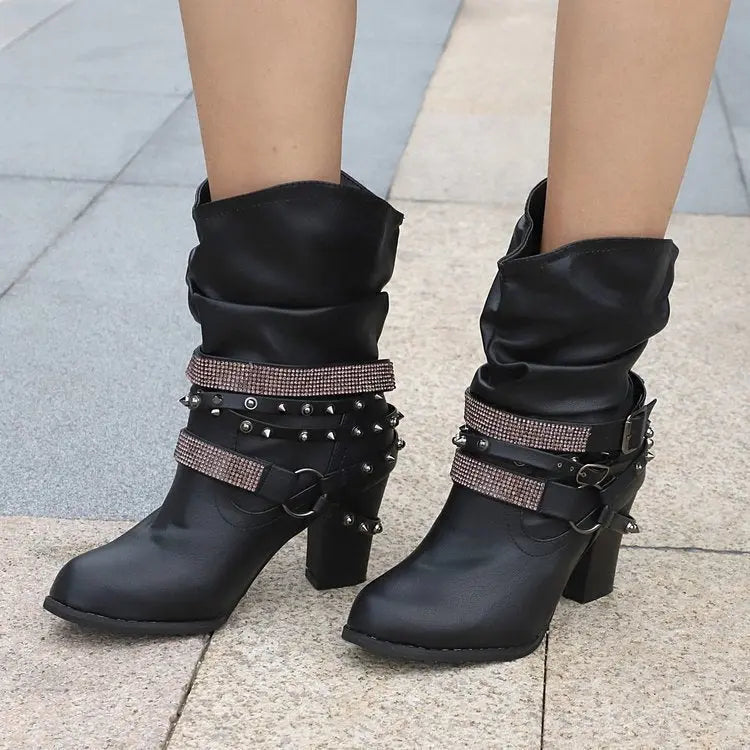 Women's black ankle boots with sparkling strass belt detail, elegant buckle, and stable block heel