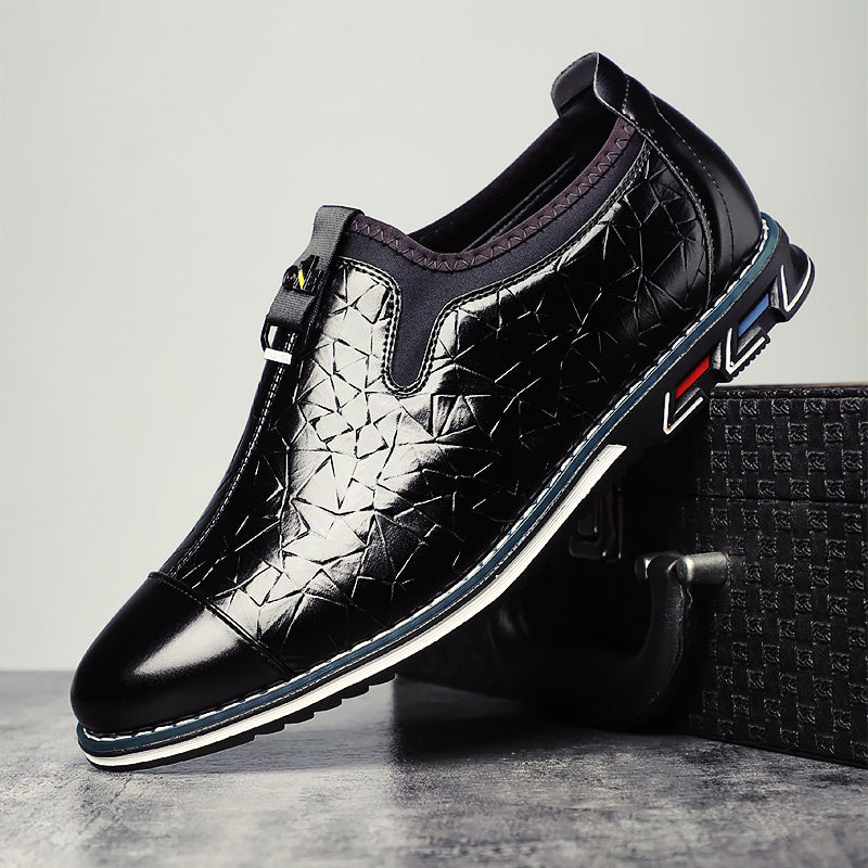 Black PU leather loafers embossed geometric pattern slip-on dress shoes for professionals