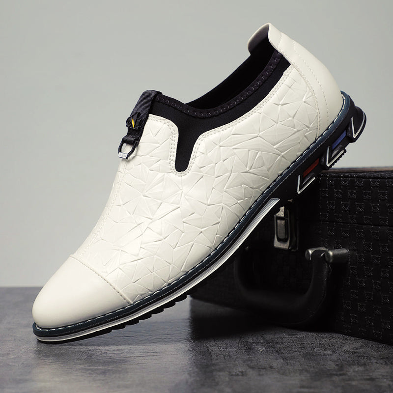 Black PU leather loafers with embossed geometric pattern slip-on dress shoes for professionals
