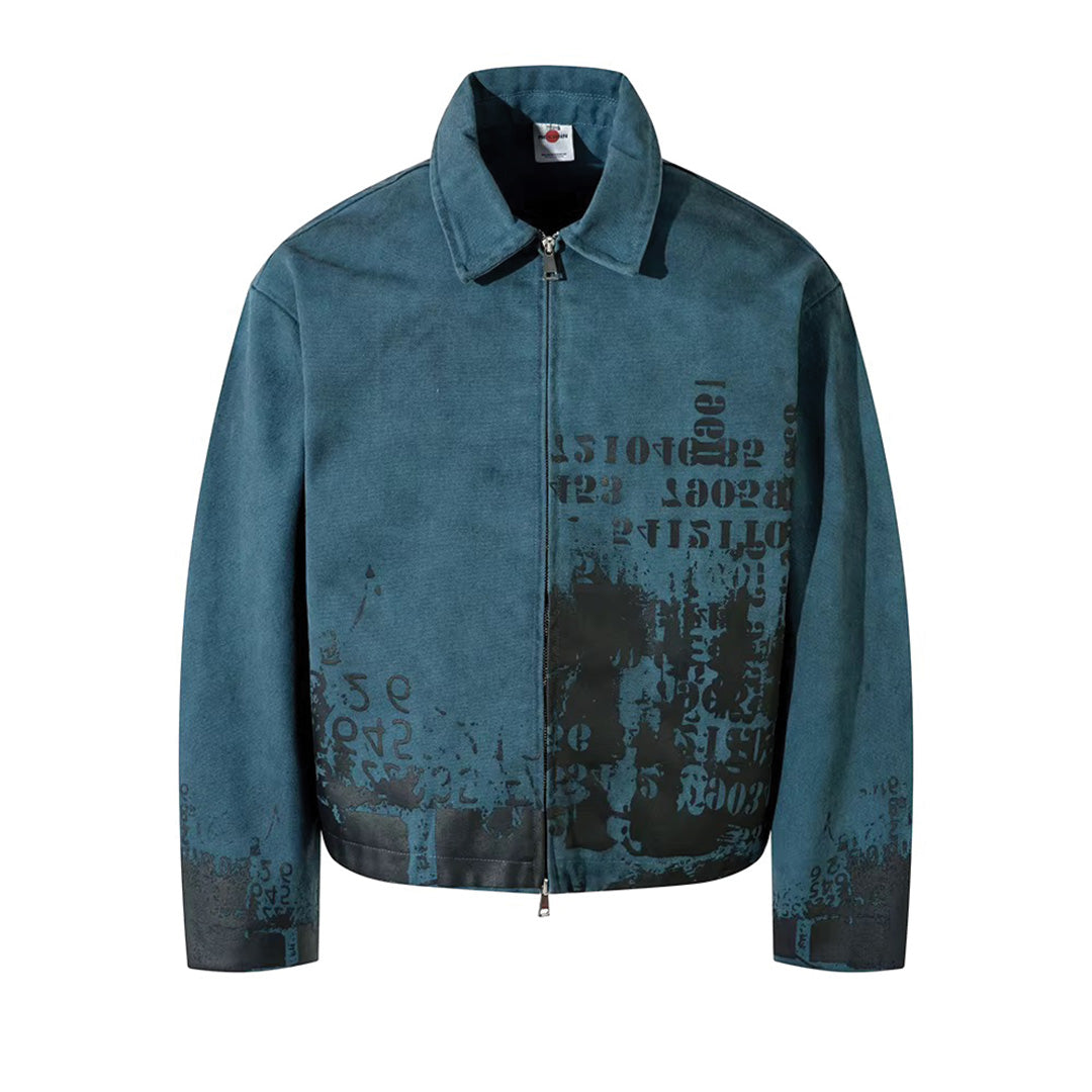 Distressed cotton canvas jacket with bold number print, turn-down collar, loose urban fit